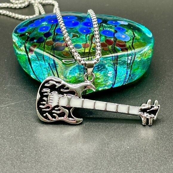 Other - Flaming Guitar with White Neck Rocker Necklace and Pendant #1252